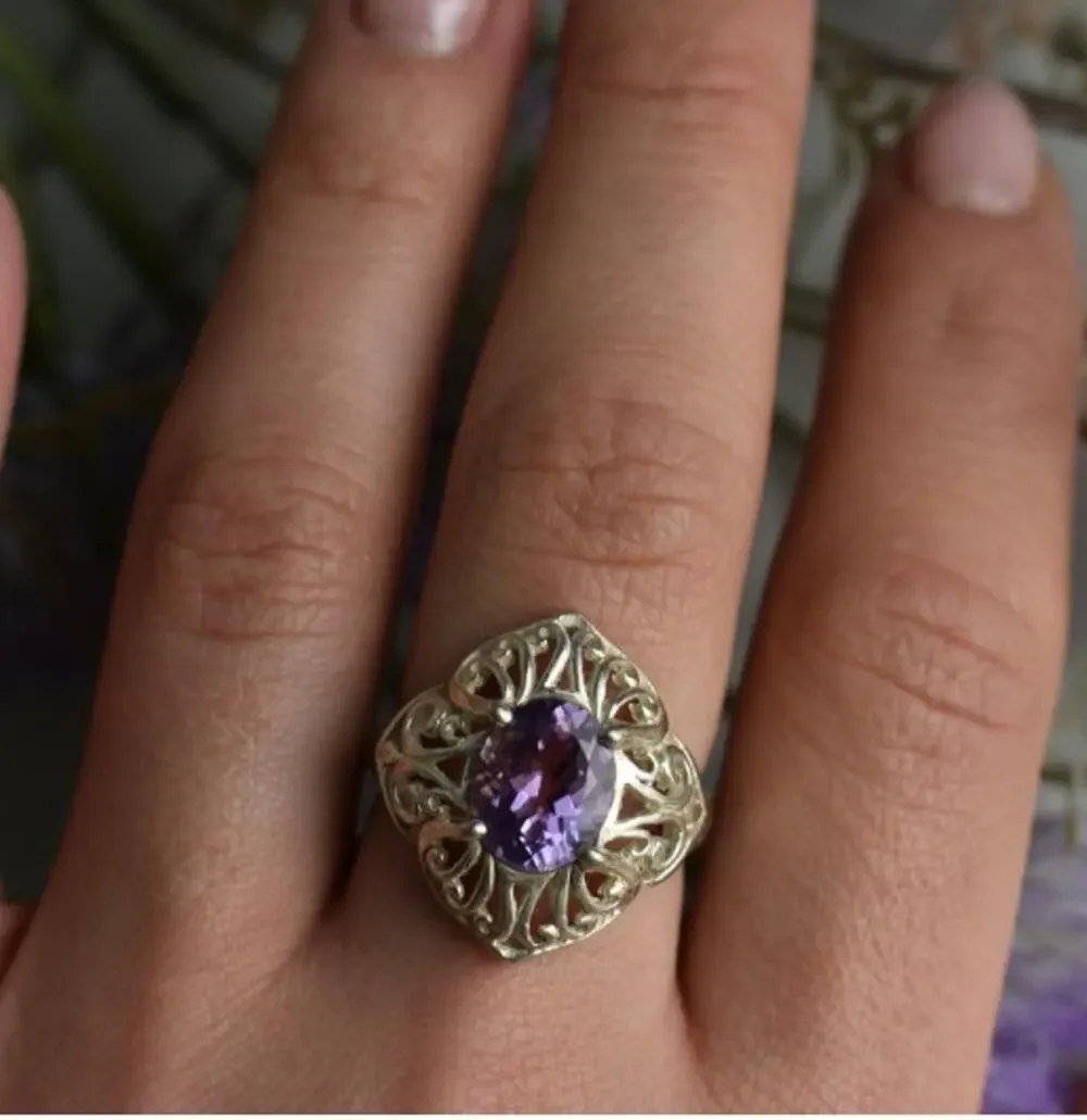 925 Sterling Silver Purple Tourmaline Ring Size 8